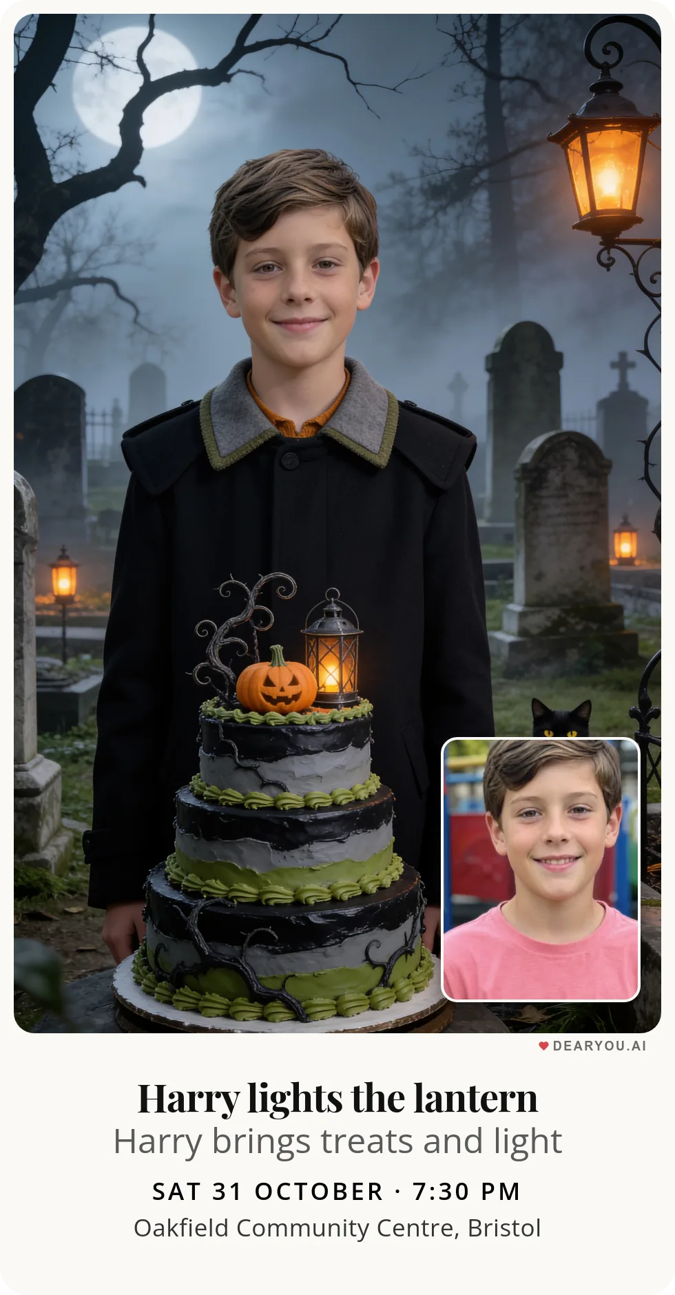 Personalised kids birthday invitation, a boy looking after his black cat in the misty graveyard theme