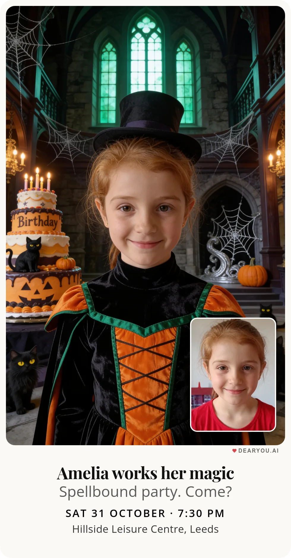 Personalised kids birthday invitation with the child's name and age, a girl taming black cats in the haunted house theme