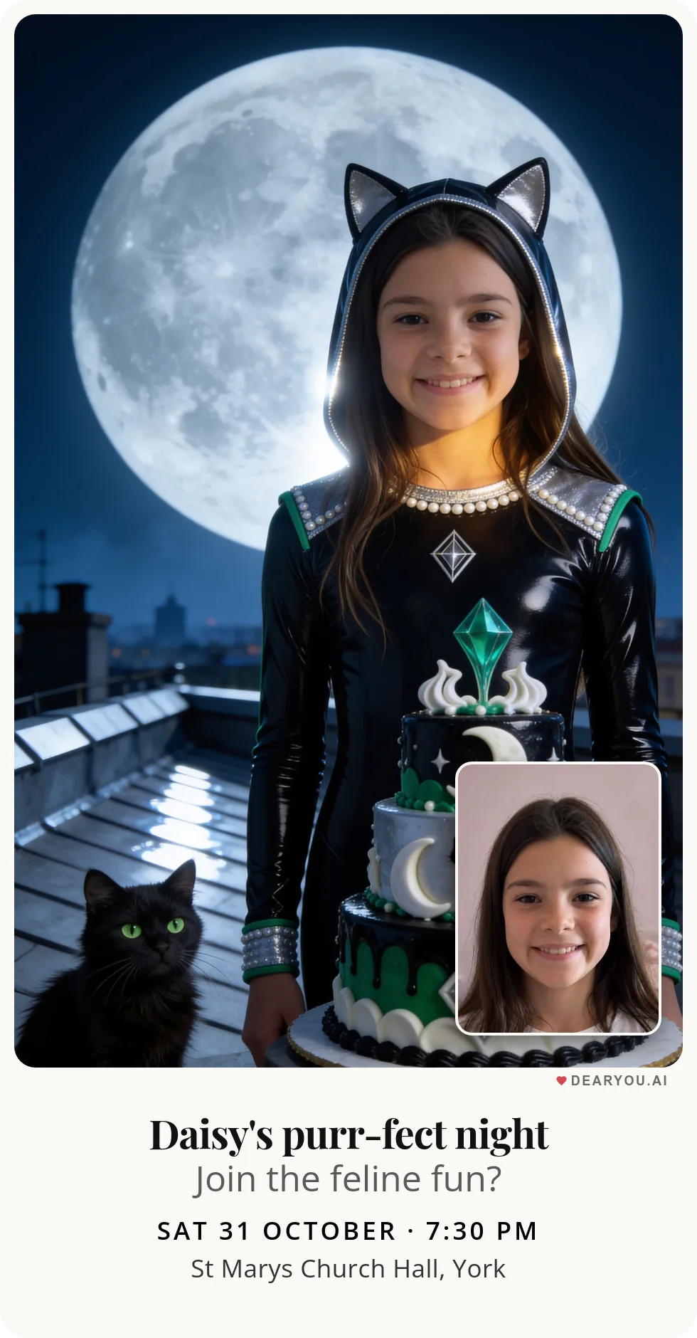 Personalised kids birthday invitation, a girl watching over her black cat under the full moon theme