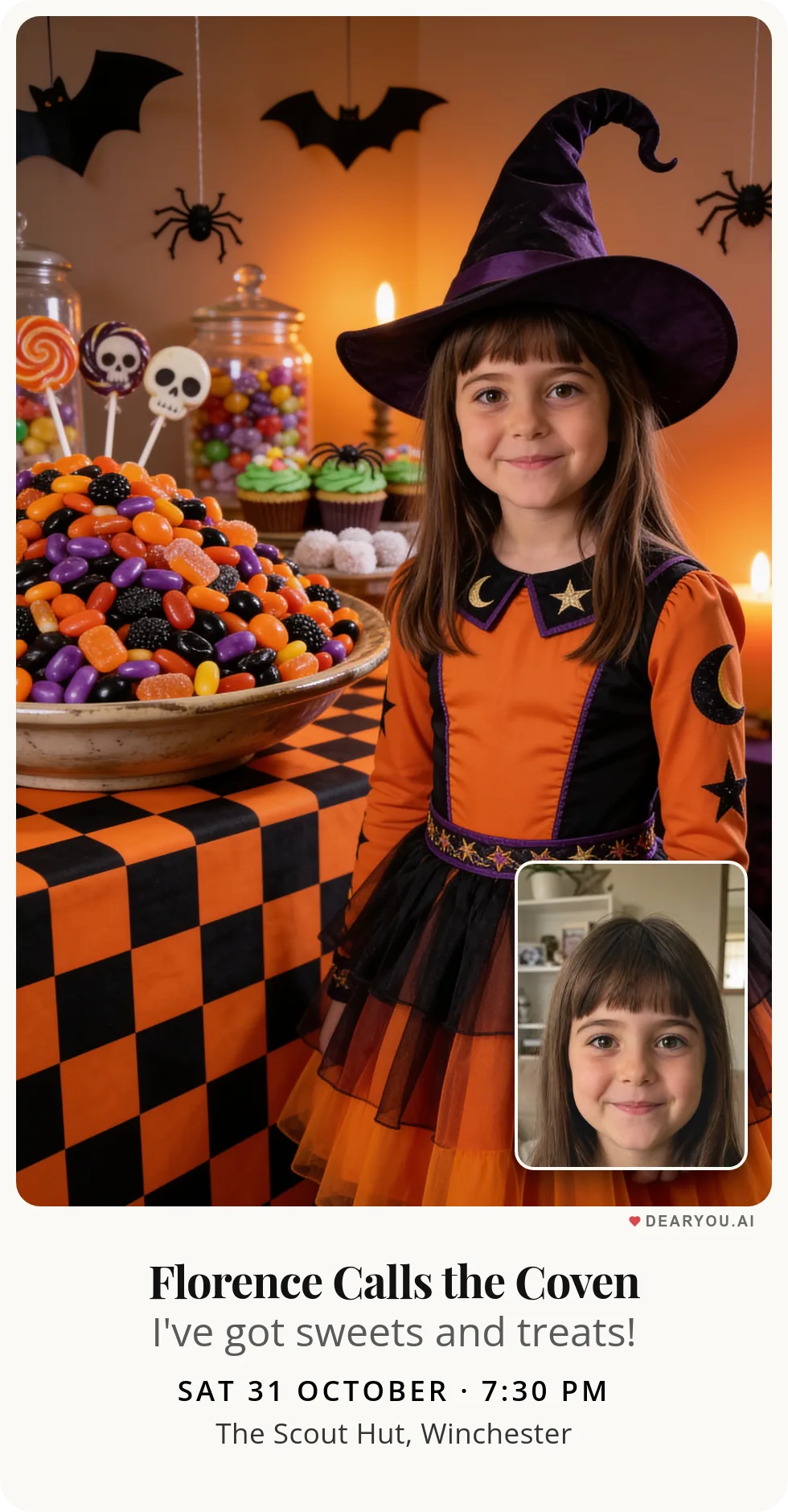 Personalised kids birthday invitation with the child's name and age, a Halloween sweets table with paper bats theme