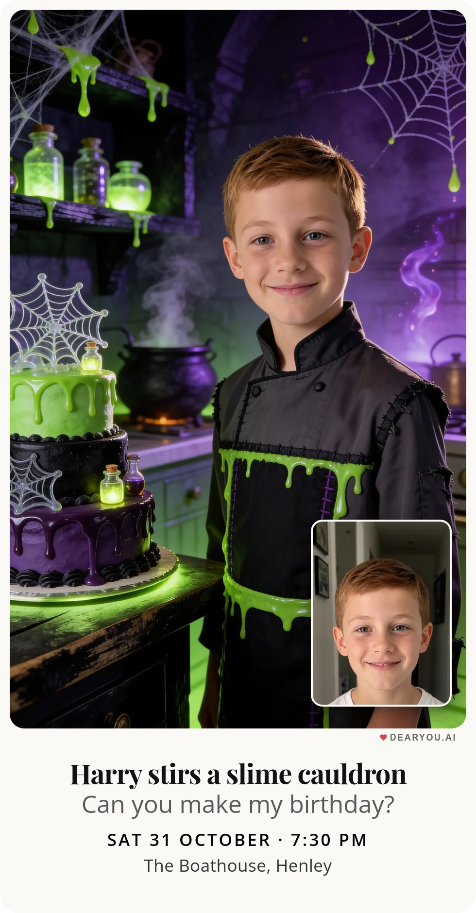 Personalised kids birthday invitation with the child's name and age, slime cobwebs in the haunted kitchen theme