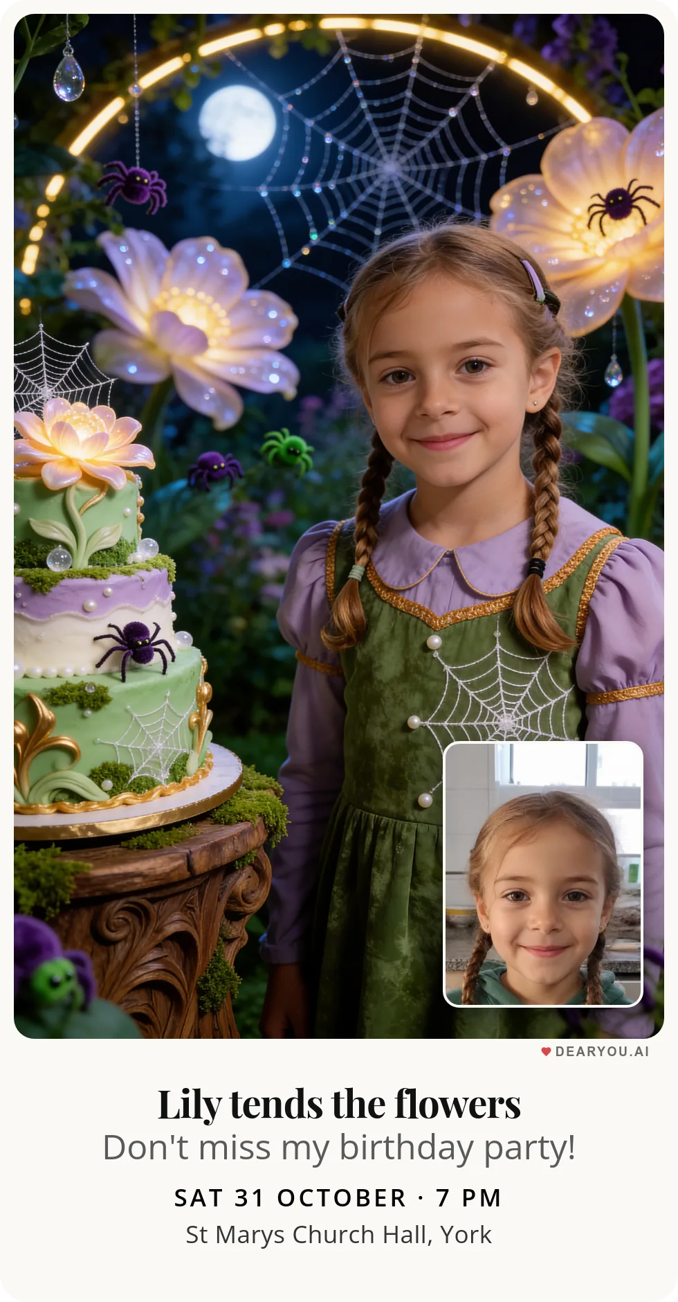 Personalised kids birthday invitation with the child's name and age, a garden of friendly spiders theme