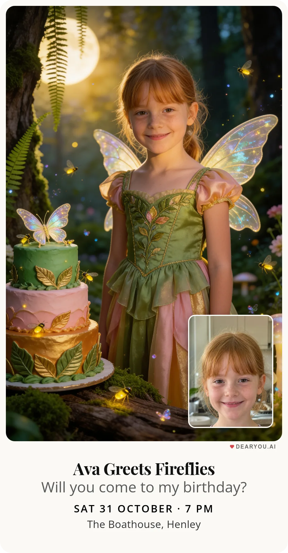 Personalised kids birthday invitation with the child's name and age, enchanted forest fairy theme