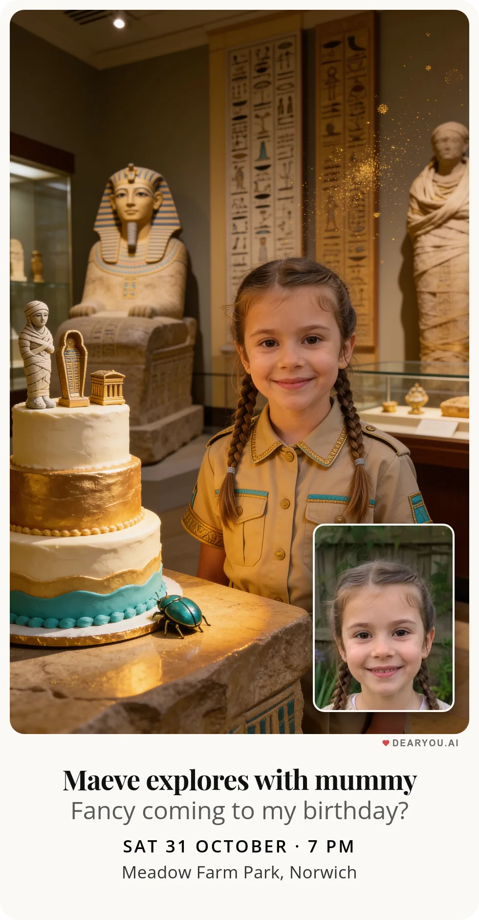 Personalised kids birthday invitation with the child's name and age, friendly mummy at the museum theme
