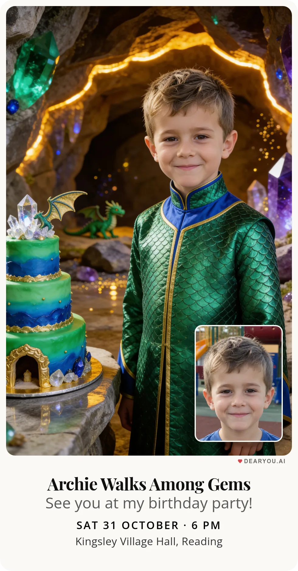 Personalised kids birthday invitation with the child's name and age, little dragon in the gem cave theme
