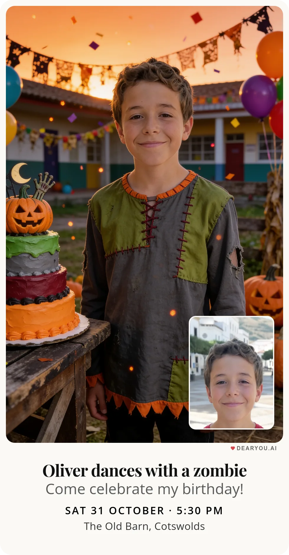 Personalised kids birthday invitation with the child's name and age, friendly zombie at the fancy dress party theme