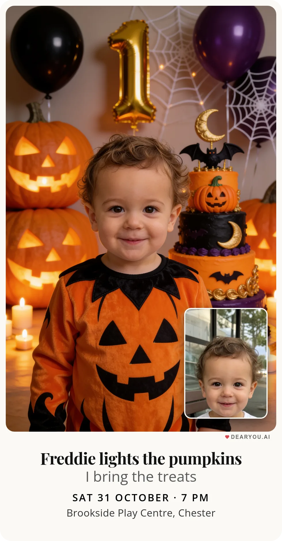 Personalised kids birthday invitation with the child's name and age, halloween first birthday theme