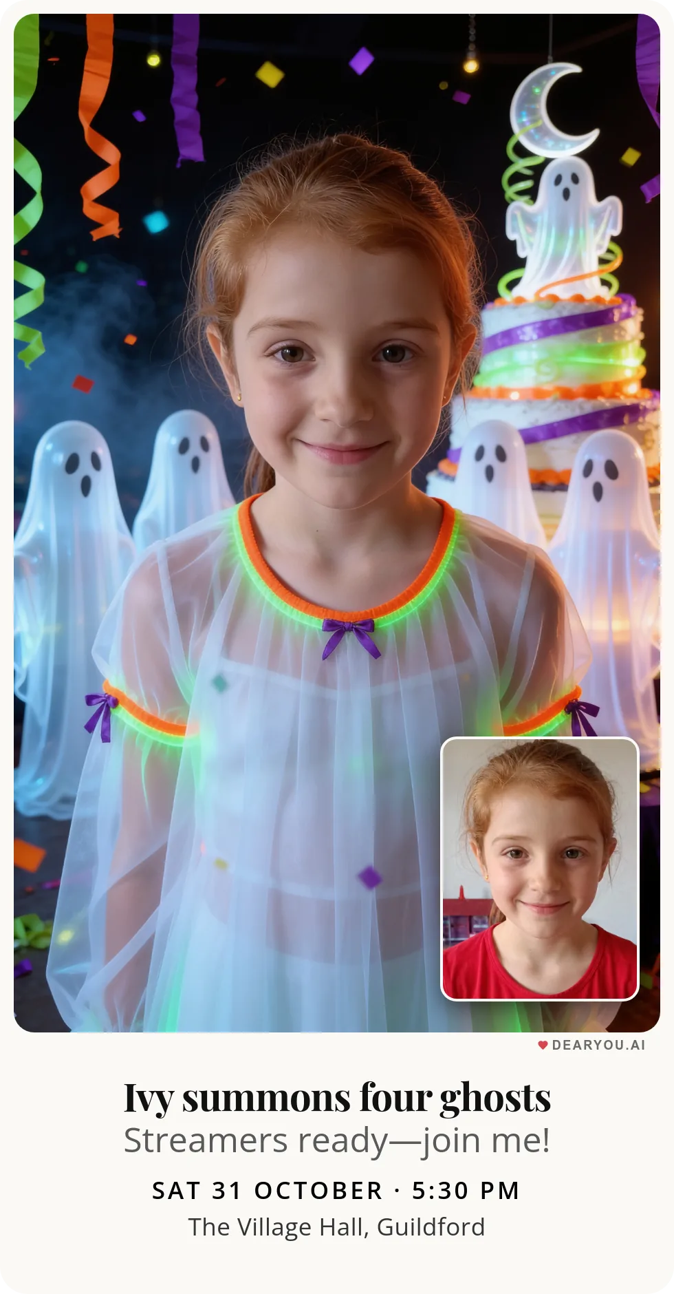 Personalised kids birthday invitation with the child's name and age, four ghosts with streamers theme