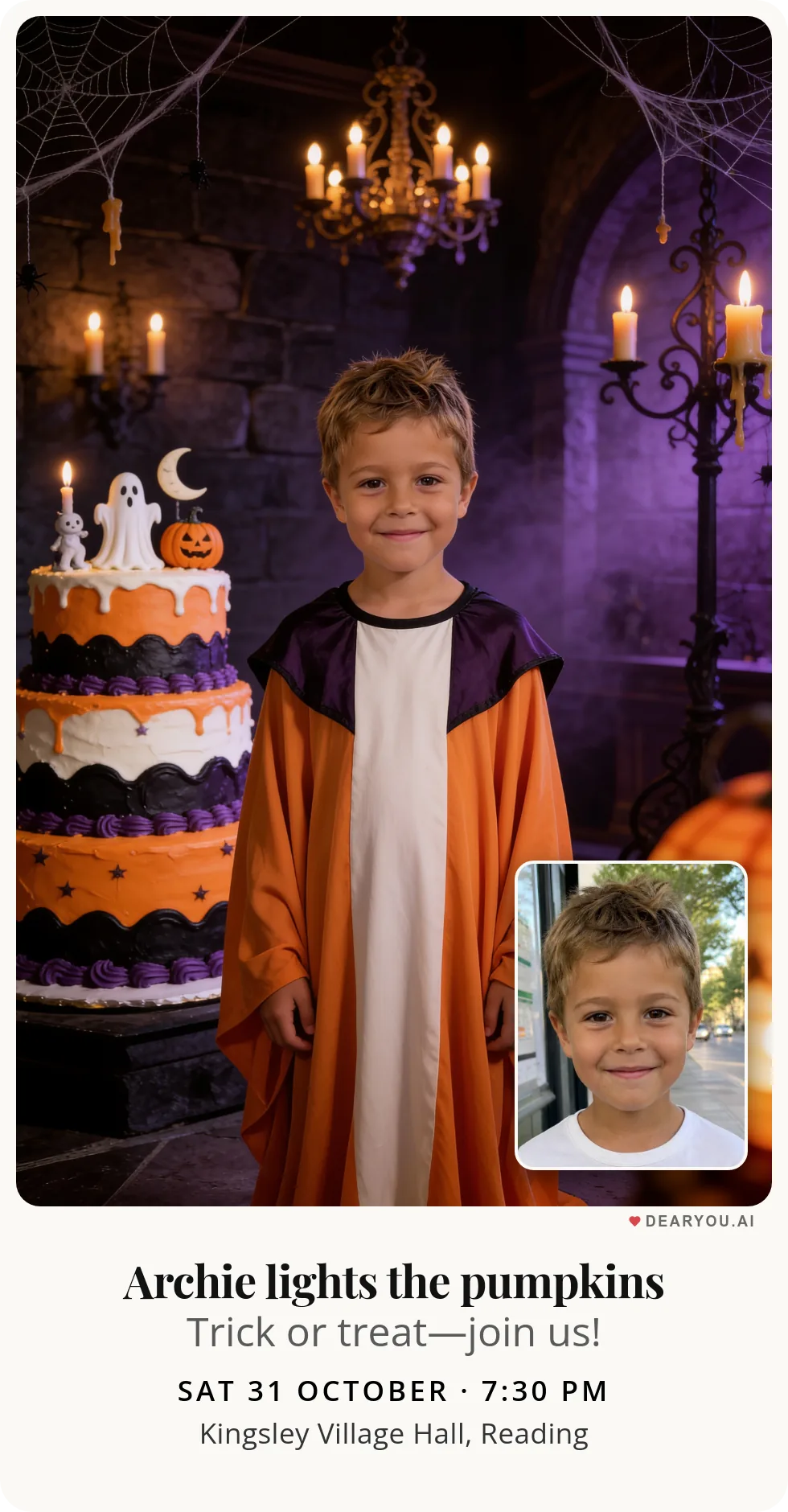 Personalised kids birthday invitation with the child's name and age, a ghost under an orange sheet theme