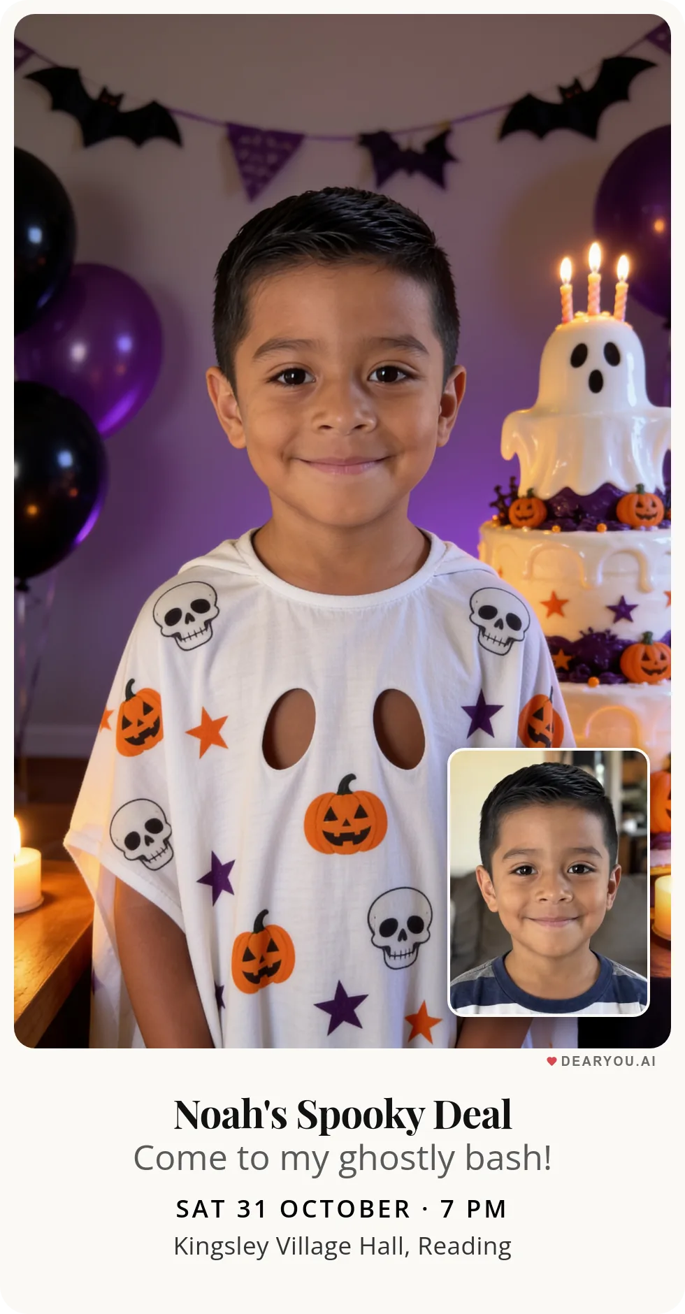 Personalised kids birthday invitation with the child's name and age, a ghost under a patterned sheet theme