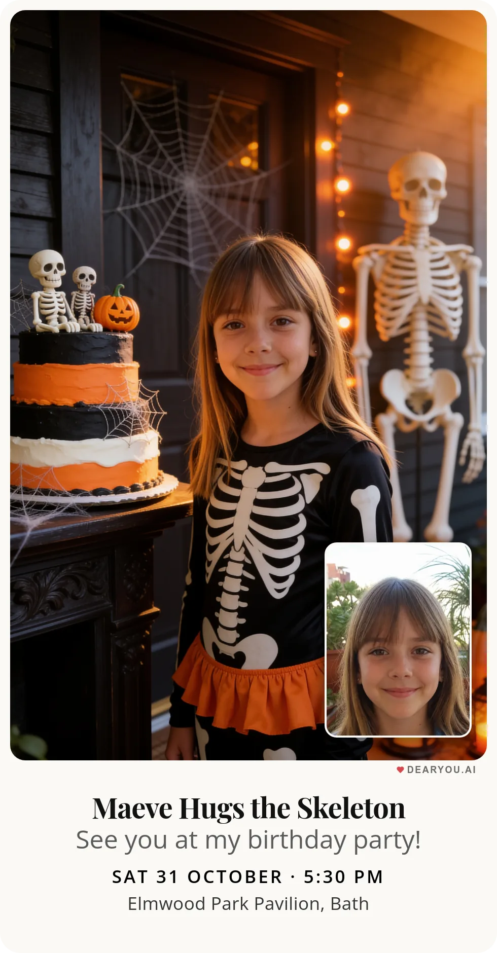 Personalised kids birthday invitation with the child's name and age, a friendly skeleton at the front door theme