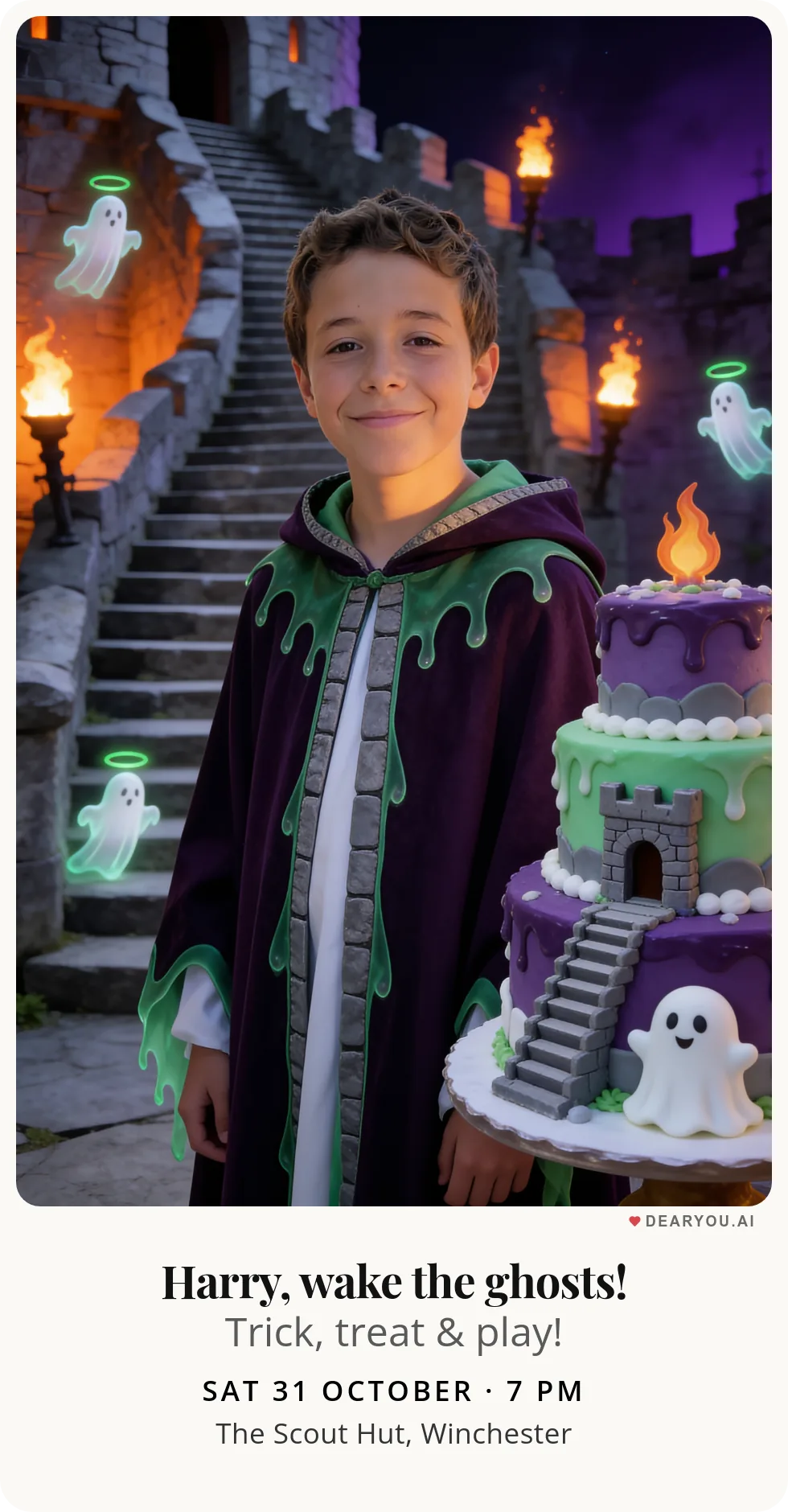Personalised kids birthday invitation with the child's name and age, little ghosts on the castle staircase theme