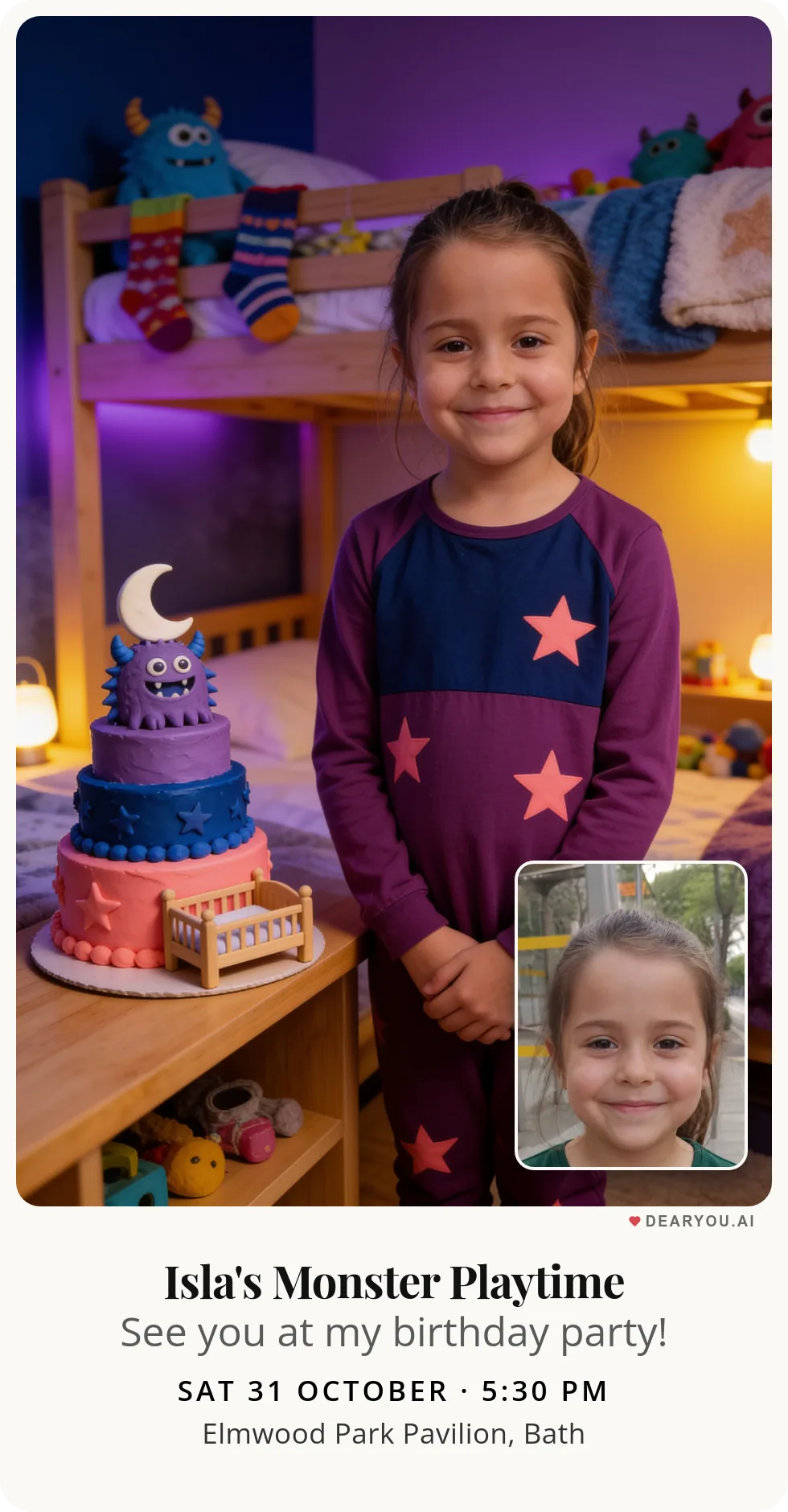 Personalised kids birthday invitation with the child's name and age, little monster party under the bed theme