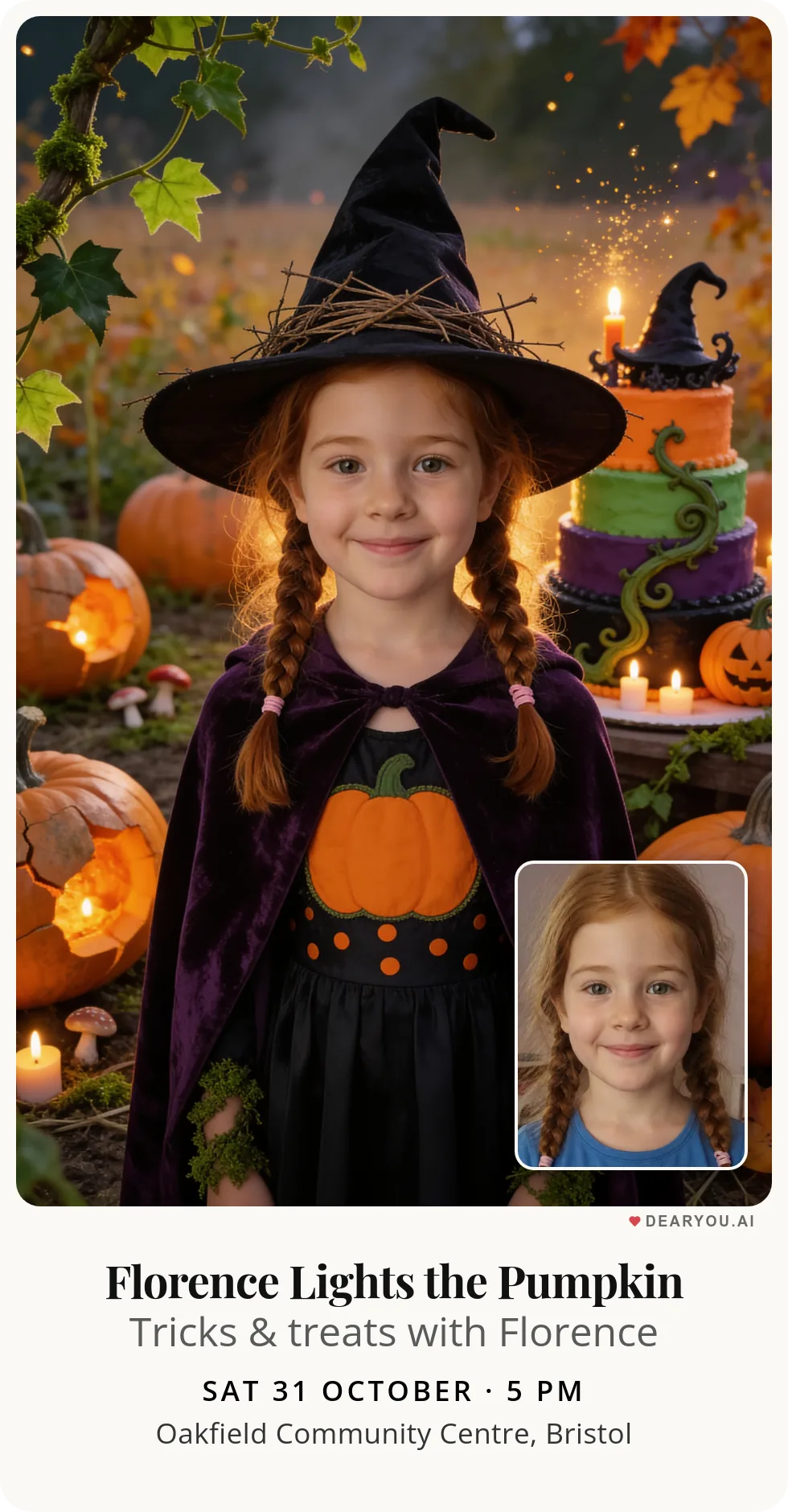 Personalised kids birthday invitation with the child's name and age, a little witch in the pumpkin patch theme