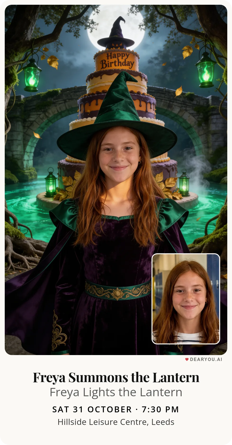 Personalised kids birthday invitation, a little witch on the bridge over the enchanted river theme