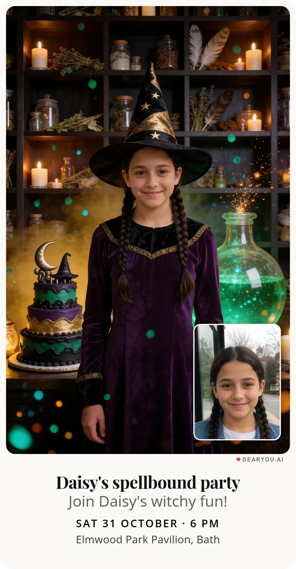 Personalised kids birthday invitation with the child's name and age, a little witch by her shelf of magic jars theme