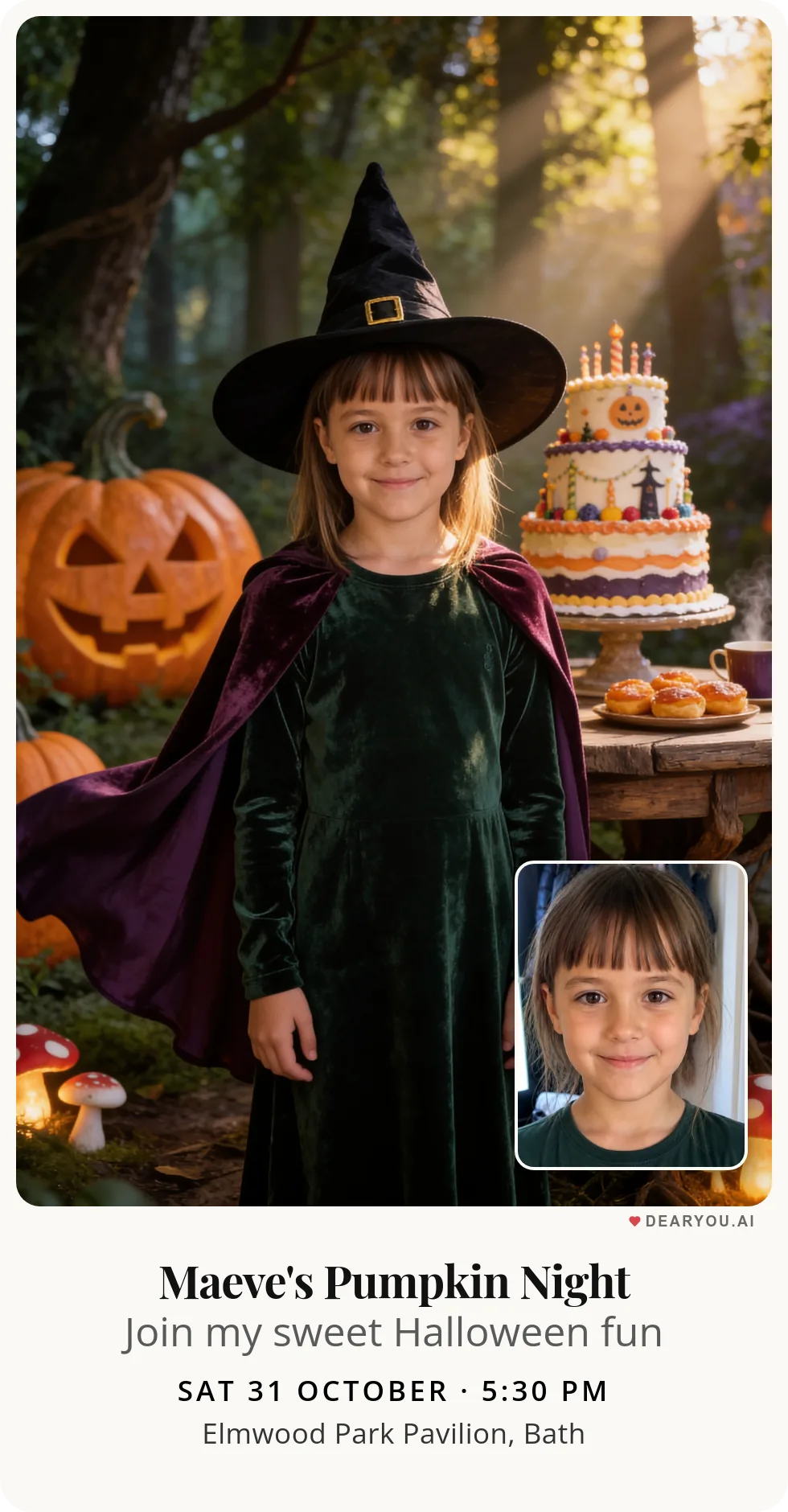 Personalised kids birthday invitation, a little witch having a picnic with her woodland friends theme