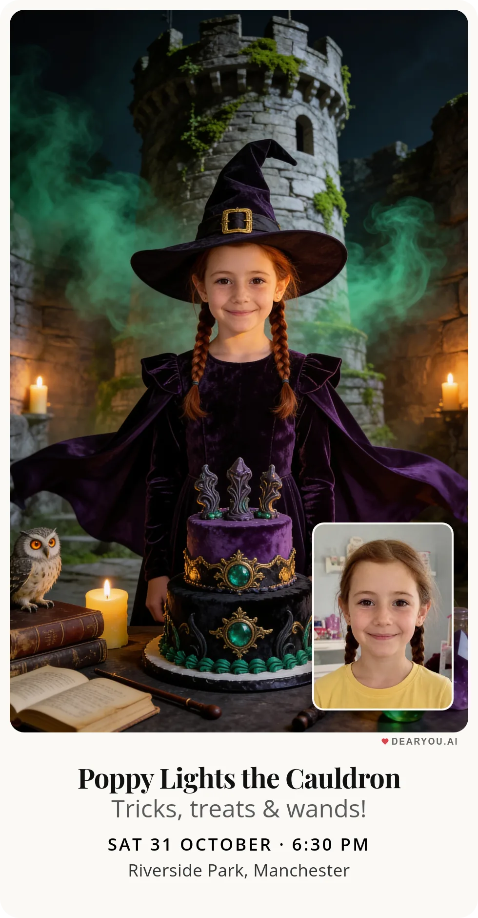 Personalised kids birthday invitation with the child's name and age, a little witch and her owl in the tower theme