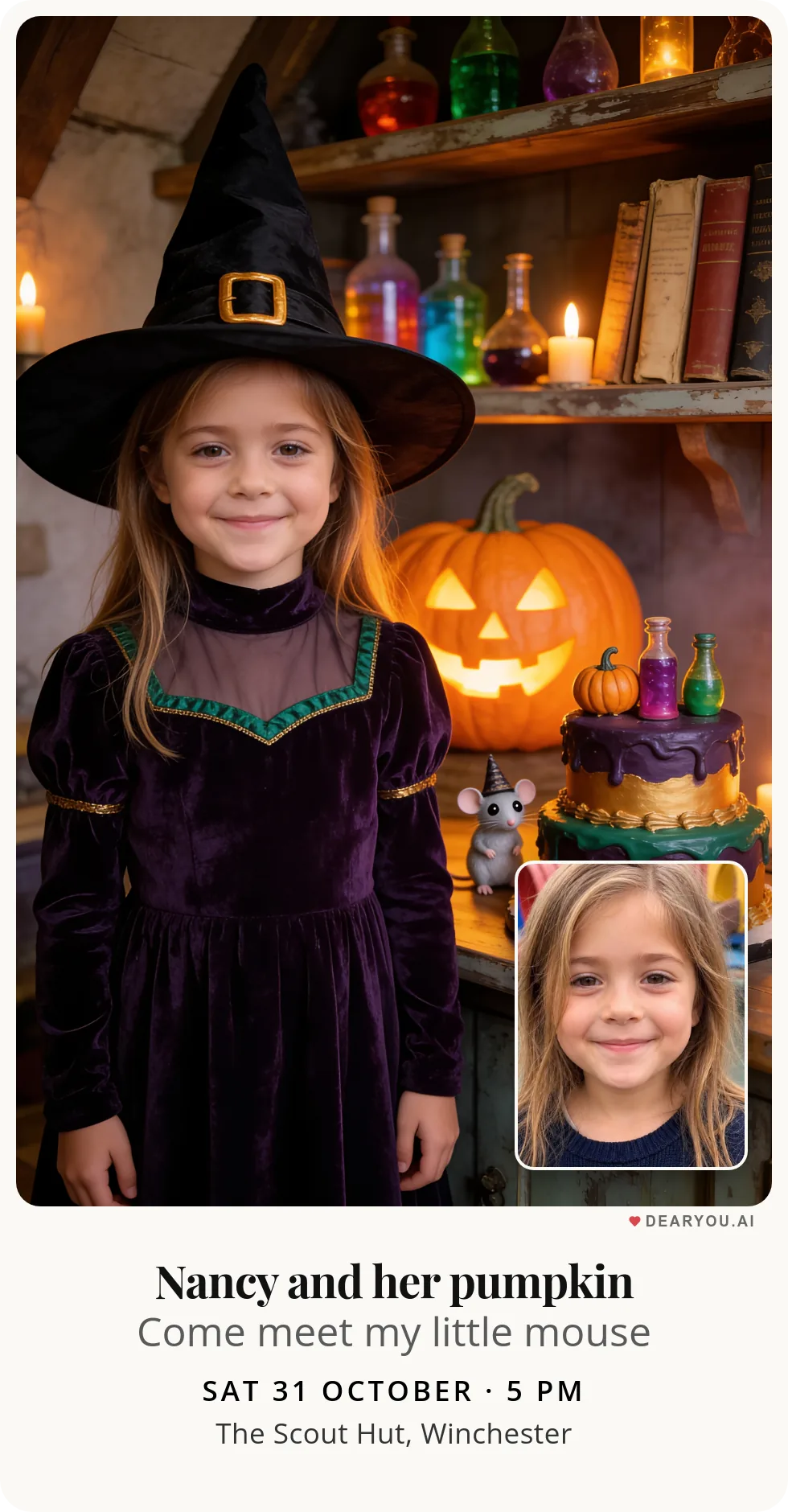 Personalised kids birthday invitation with the child's name and age, a little witch and her helper mouse theme