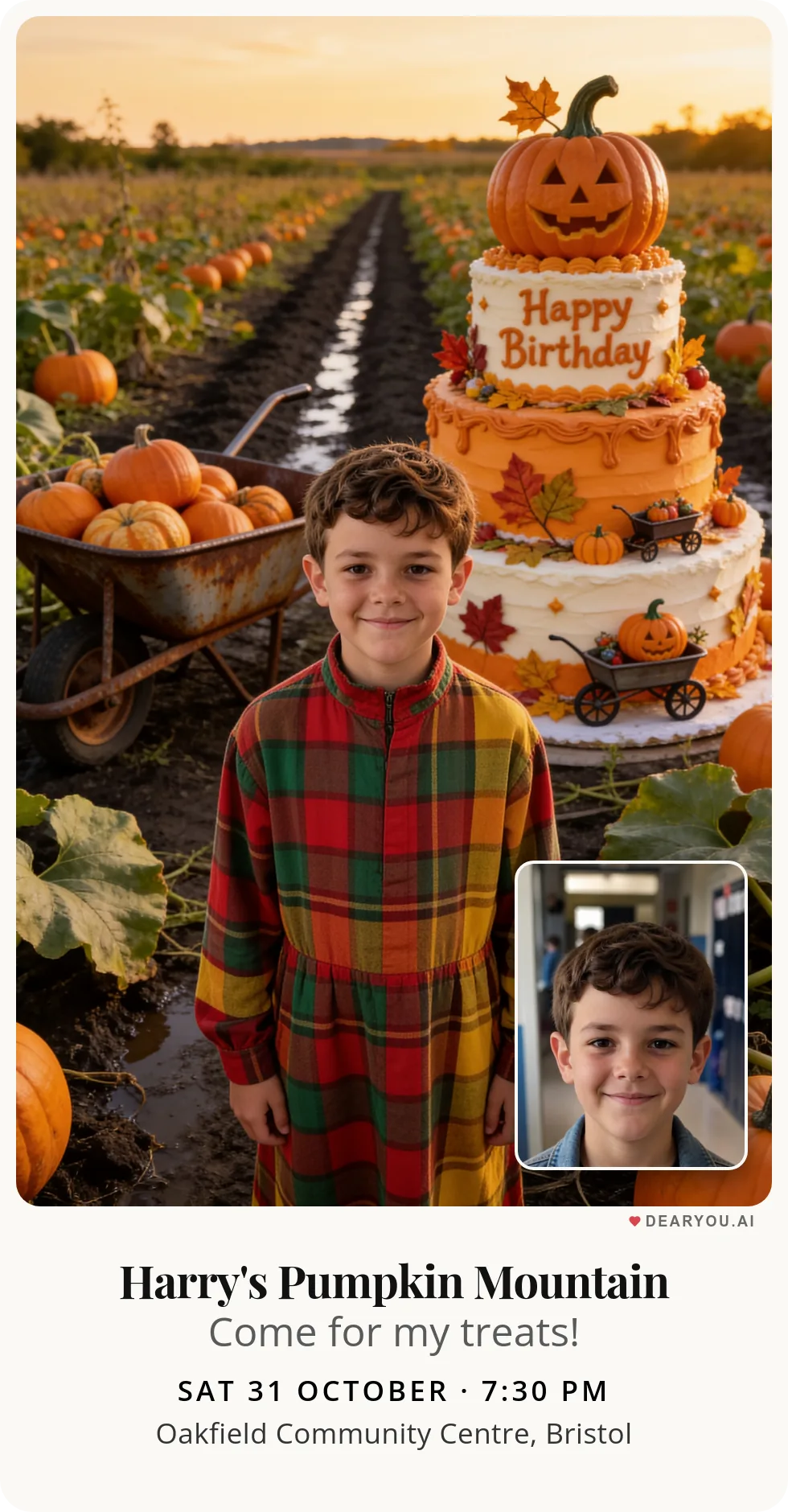 Personalised kids birthday invitation, a wheelbarrow overflowing with pumpkins in the patch theme