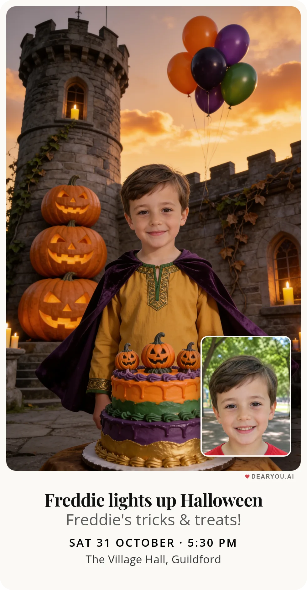 Personalised kids birthday invitation with the child's name and age, a tower of three pumpkins with balloons theme