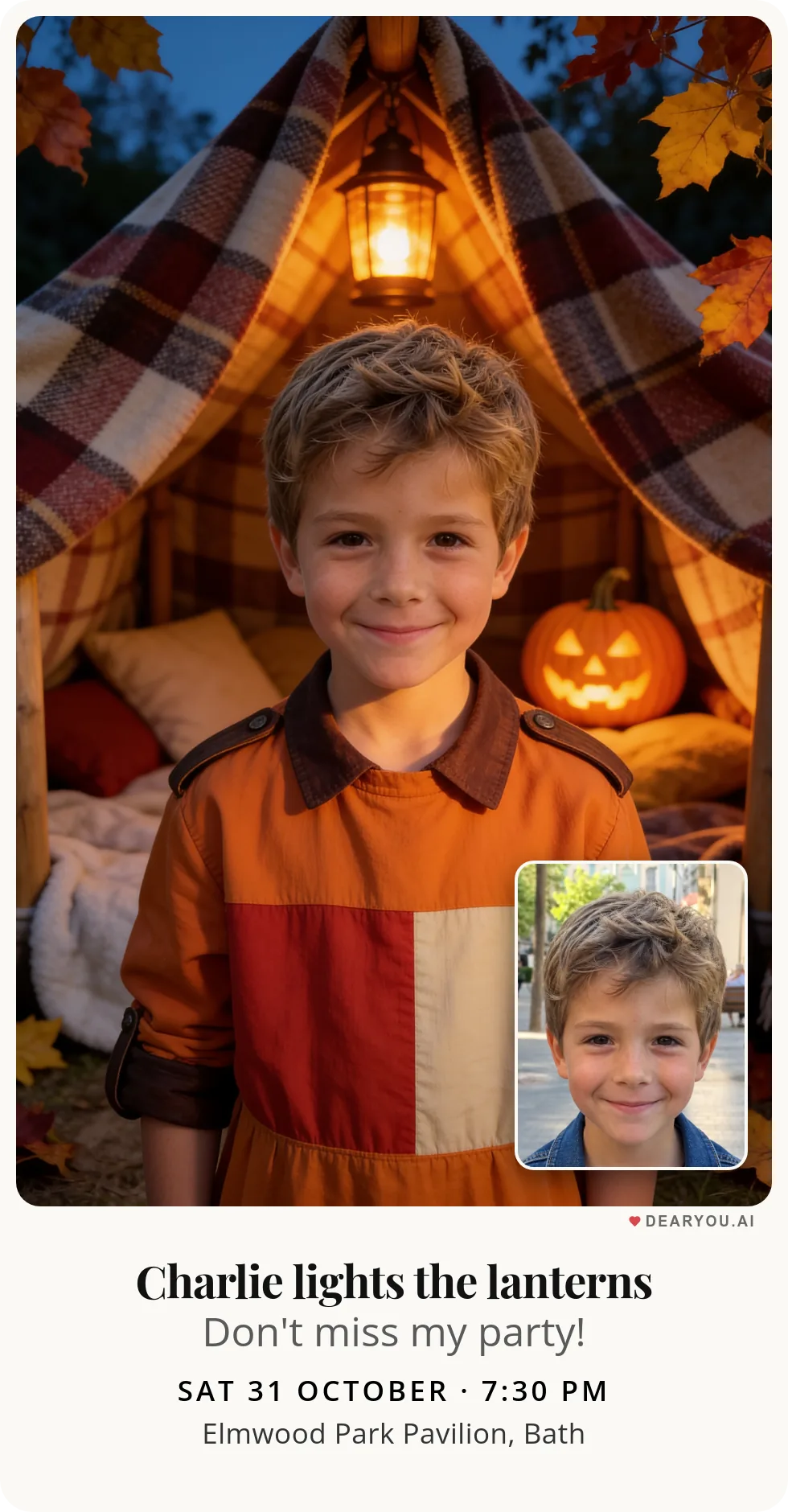 Personalised kids birthday invitation with the child's name and age, blanket fort with pumpkin torches theme