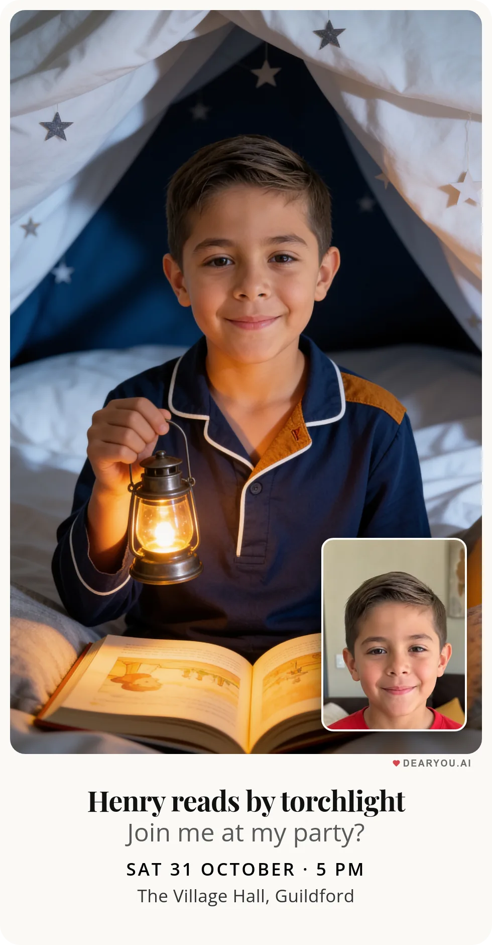 Personalised kids birthday invitation with the child's name and age, torchlight stories under the sheet theme