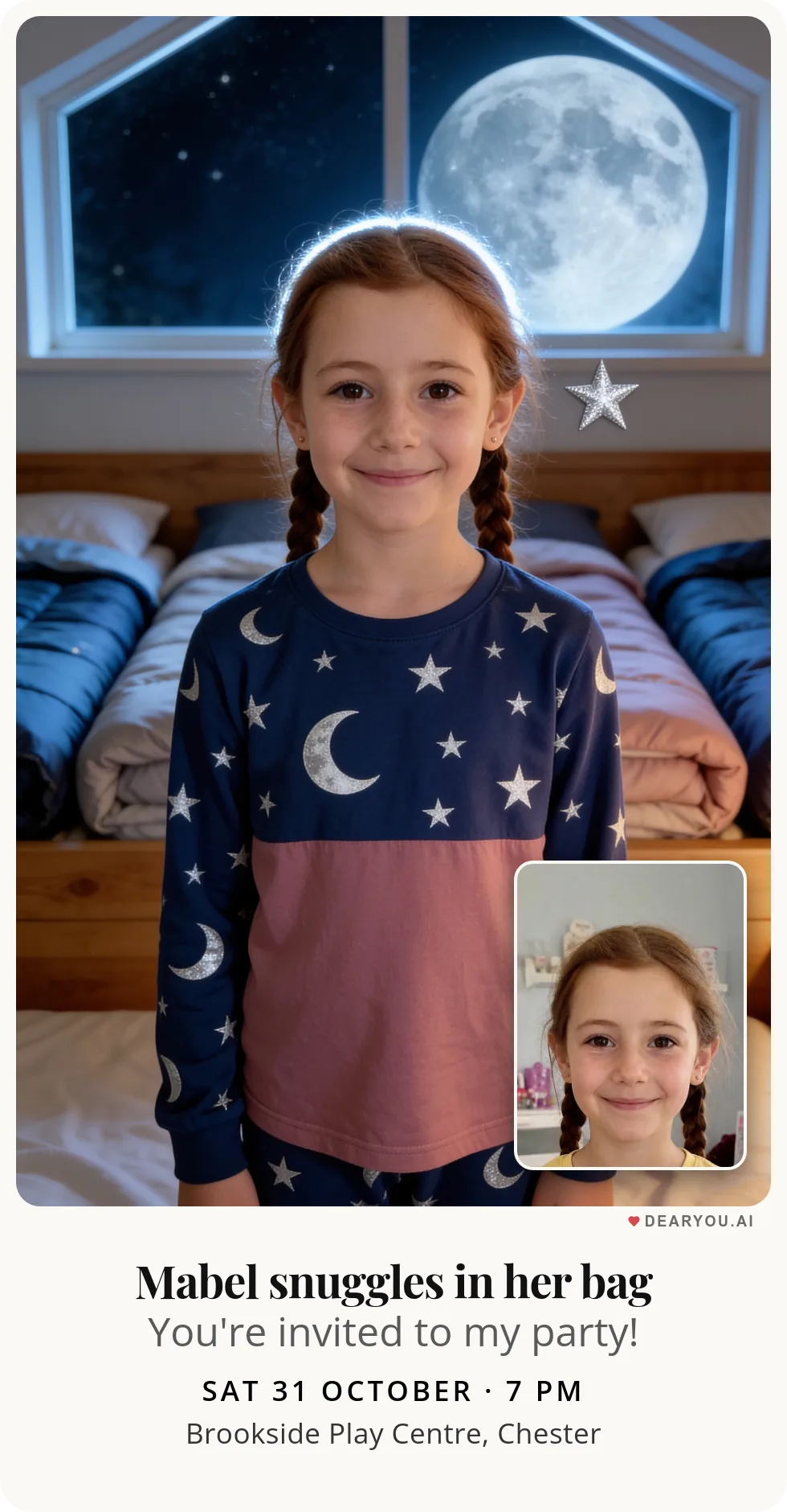 Personalised kids birthday invitation with the child's name and age, sleeping bags in a row by the moonlit window theme