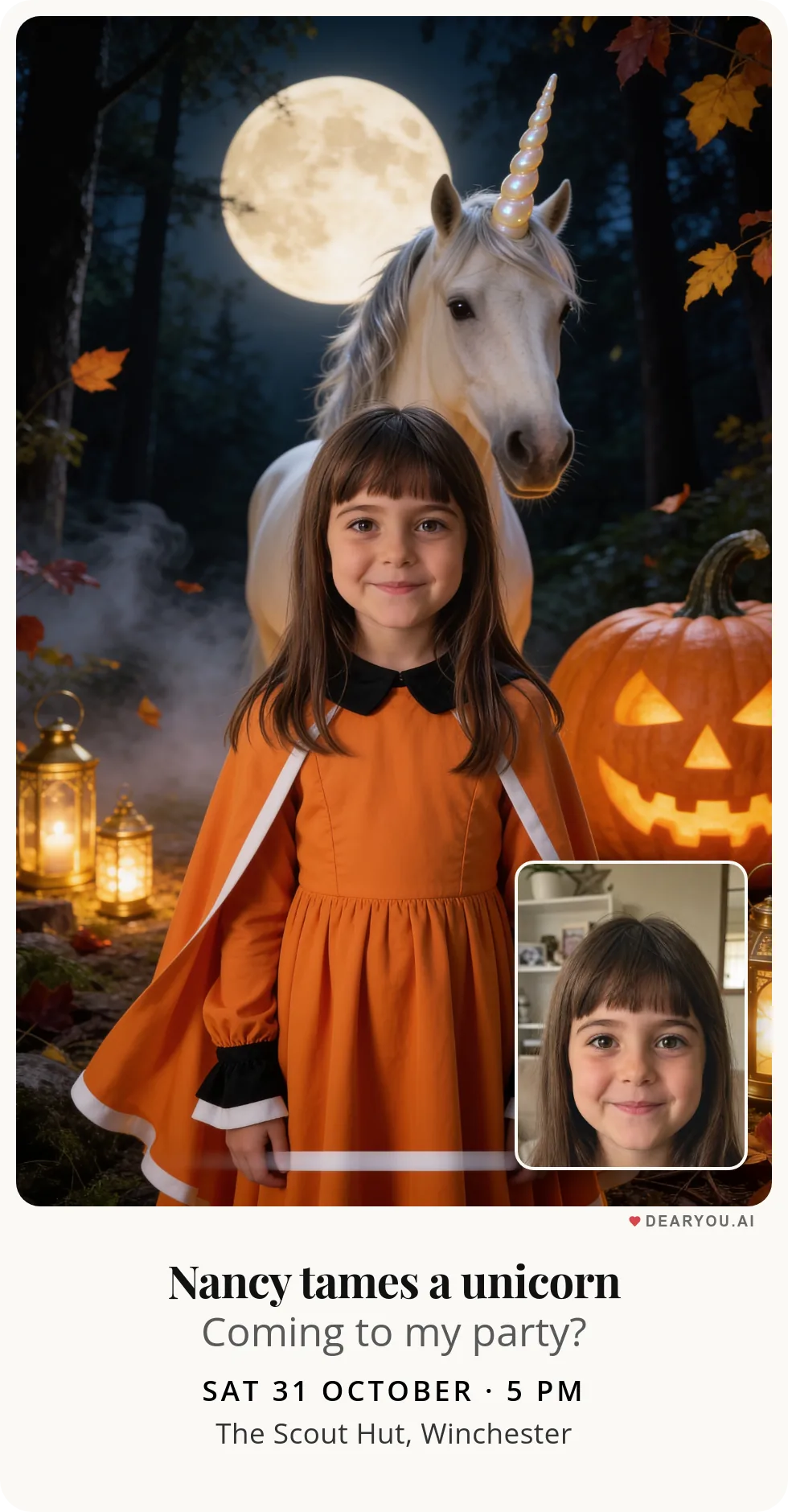 Personalised kids birthday invitation with the child's name and age, unicorn tamer on Halloween theme