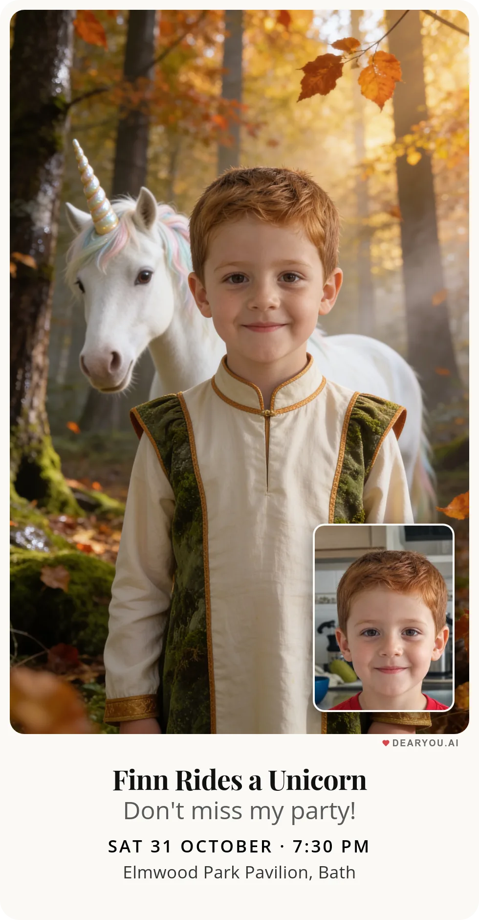 Personalised kids birthday invitation with the child's name and age, unicorn ride through the orange-leaf forest theme
