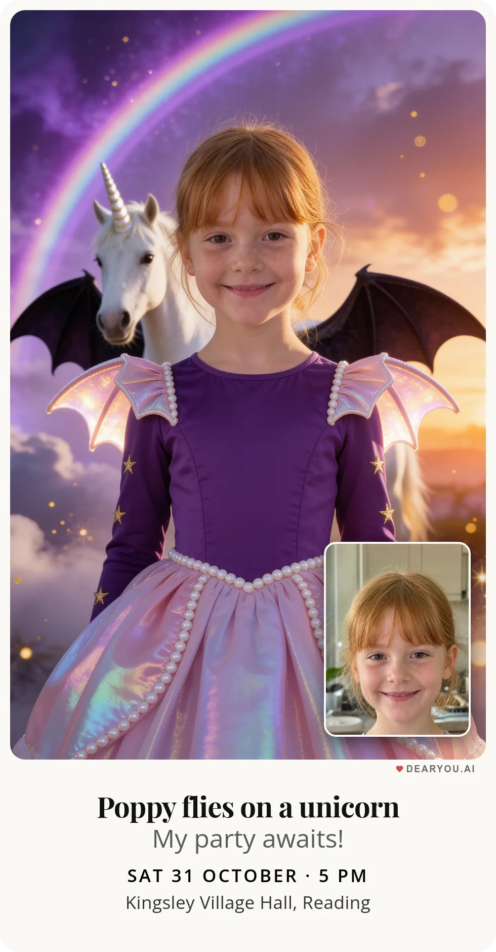Personalised kids birthday invitation with the child's name and age, unicorn with bat wings over a purple rainbow theme