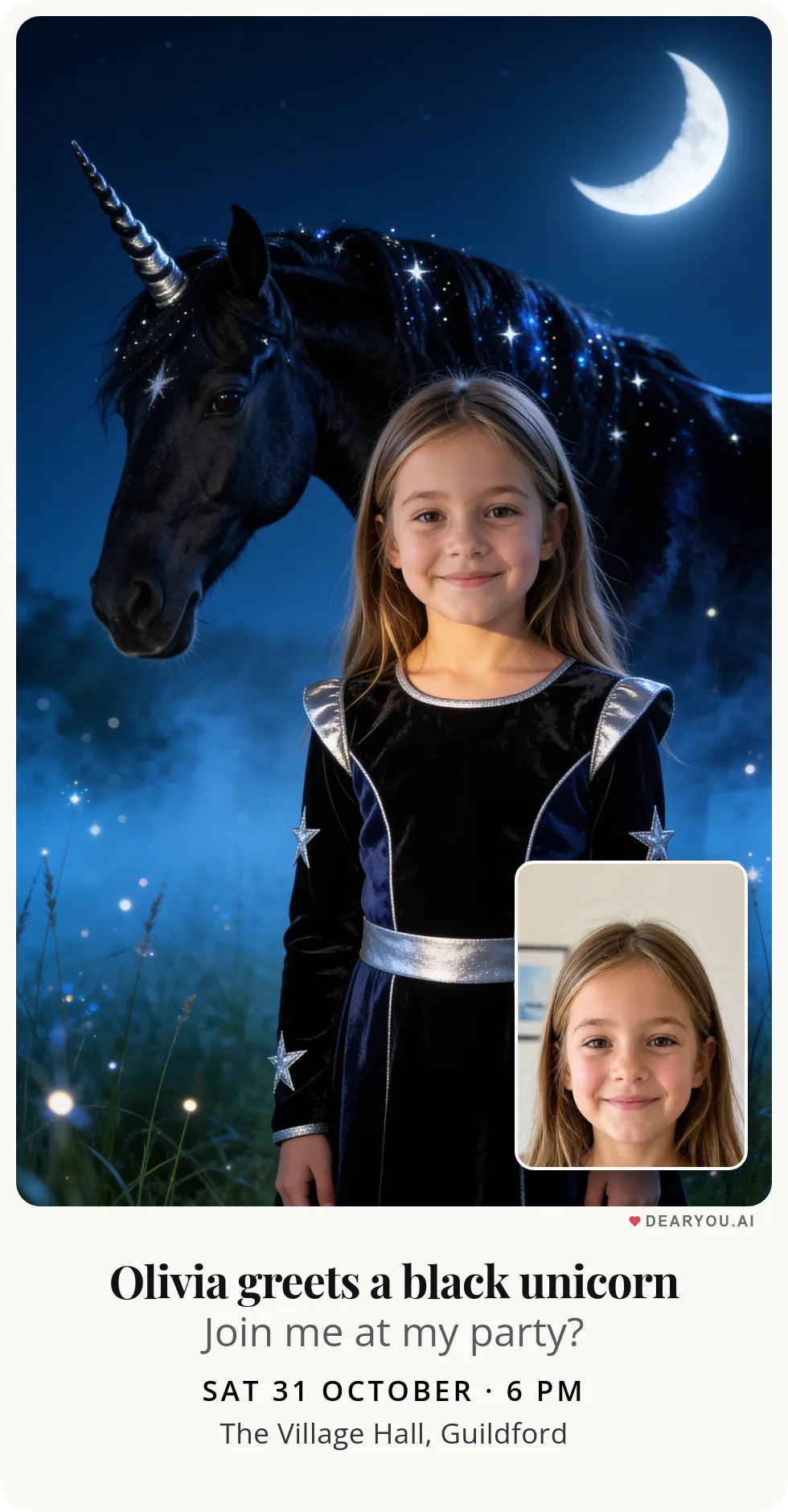 Personalised kids birthday invitation with the child's name and age, black unicorn with a starry mane under the moon theme
