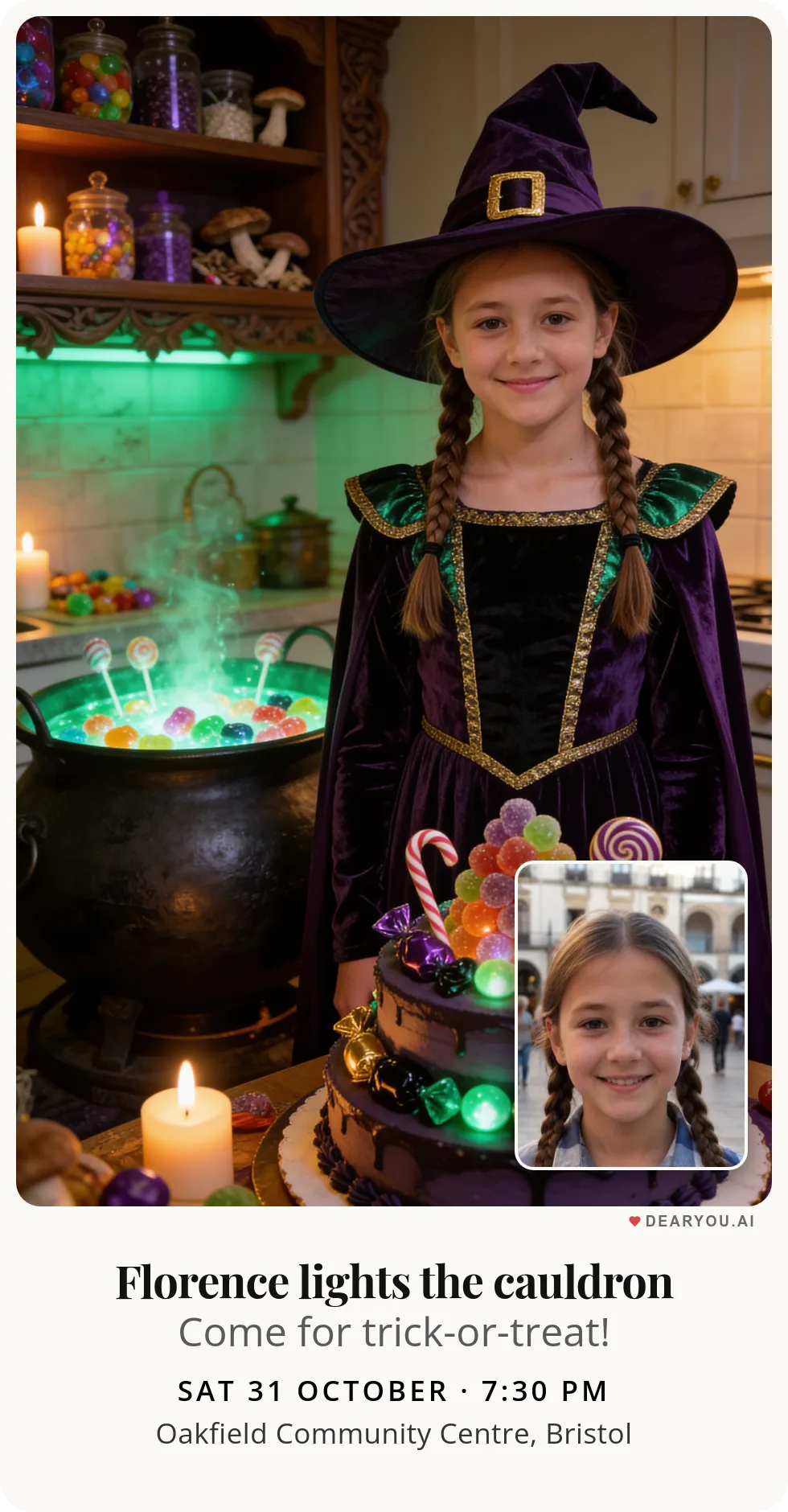 Personalised kids birthday invitation with the child's name and age, a witch cooking sweets in her magic cauldron theme