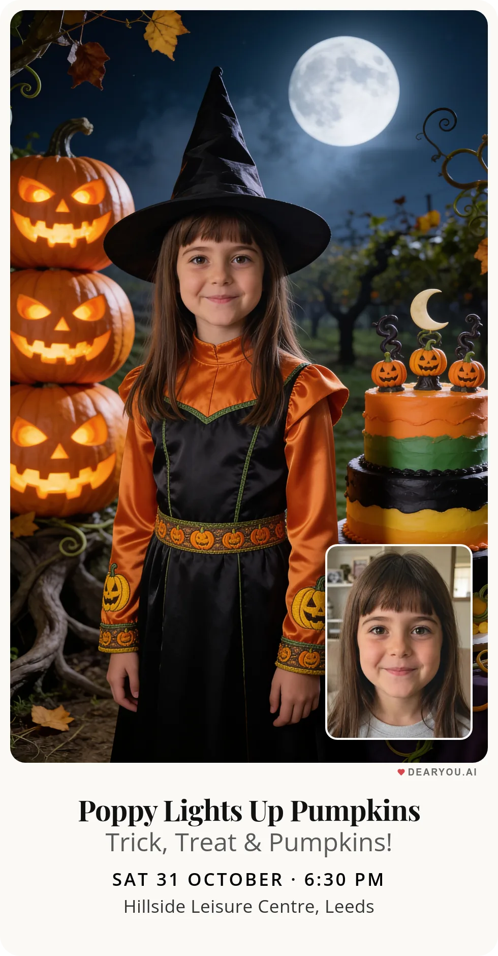 Personalised kids birthday invitation with the child's name and age, the three spookiest pumpkins in the patch theme