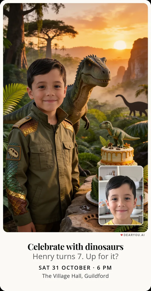 Dinosaur jungle invitation, realistic style