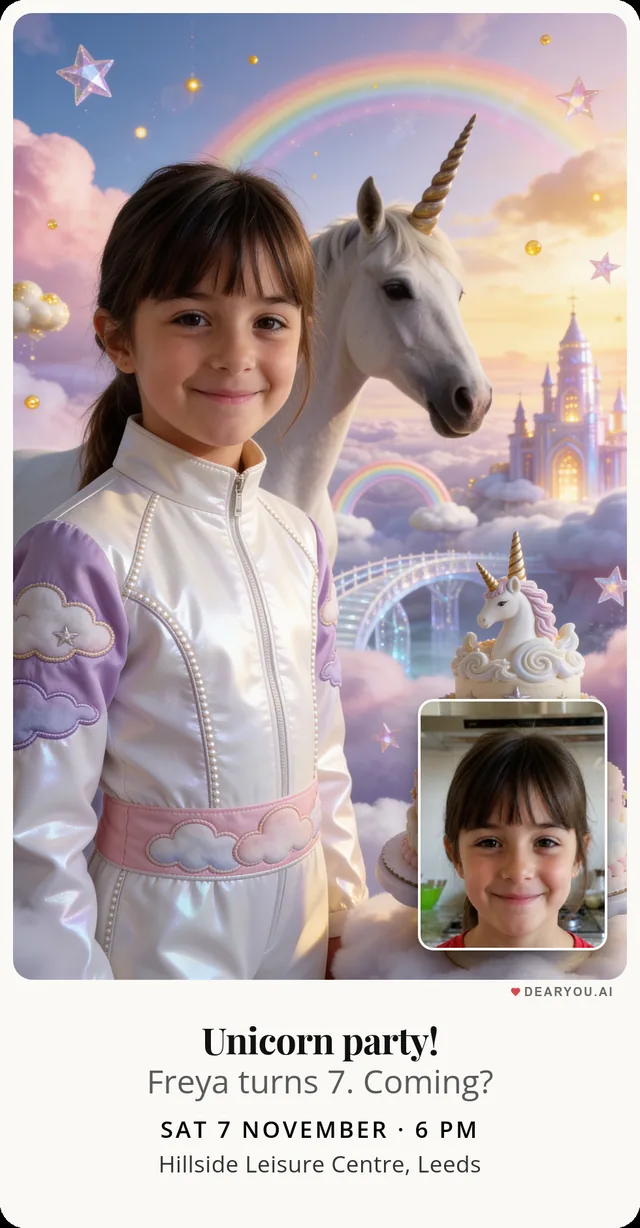 Magical unicorn invitation, realistic style